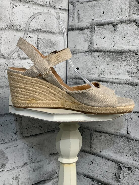 Lucky Brand Espadrille Wedge Sandals 9 Oatmeal Canvas Ankle Strap Open Toe Boho - Picture 3 of 12